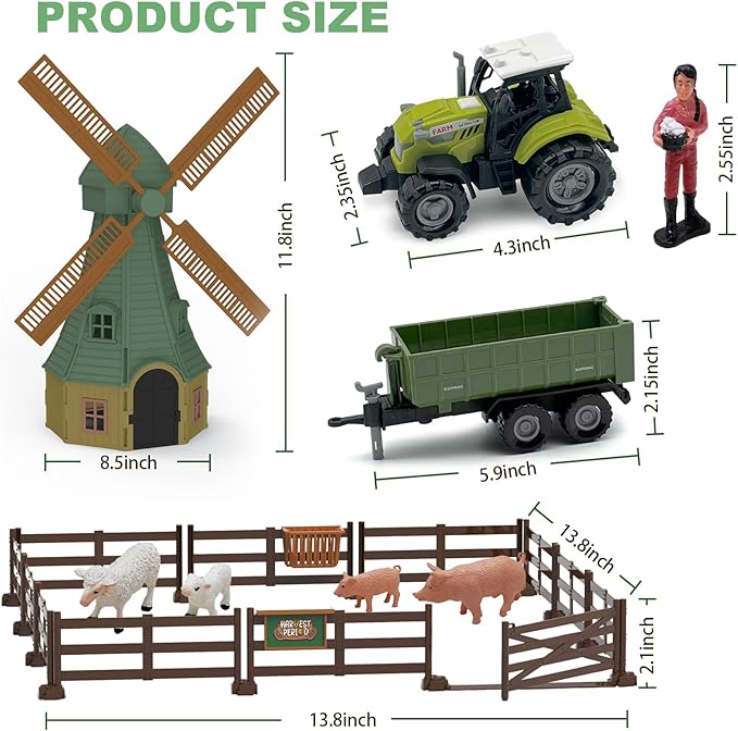 82PCS Farm Animals Toys Set Comes with Tractor Trailer, Windmill, Farmer, Fence - Playset for Kids Toddlers Boys Girls 5+ Years Old