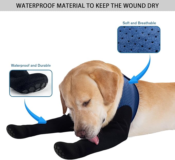 COODEO Dog Socks to Prevent Licking Paws, Dog Healing Bootss & Paw Protectors with Non-Slip Bottoms to Protect Wounds, Waterproof Sleeve Dog Shoes for Licking (Blue, M)