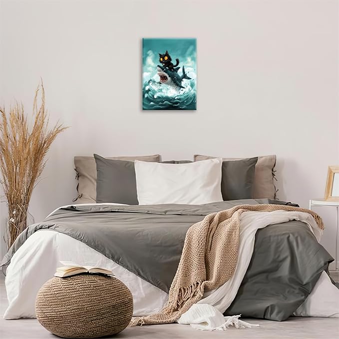 Funny Black Cat Bathroom Wall Art Cute Cat Riding Shark Canvas Wall Decor Animal Kitten Pictures Painting Print Artwork Framed Decorations Gifts for Cat Lover Kids Room Bedroom 12"x16"