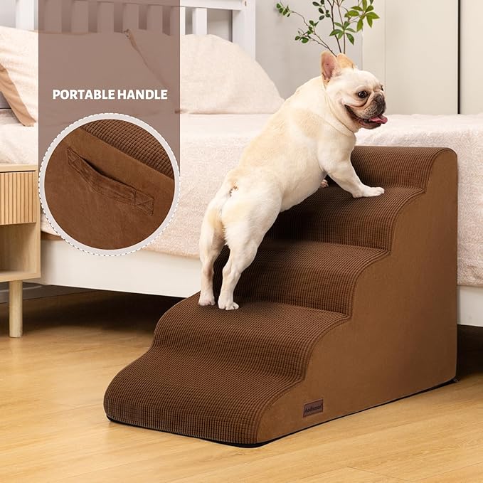 5-Step Dog Stairs and Ramp for High Bed,Non-Slip Sturdy Pet Steps for Small Dogs and Cats,22.2" H,Brown