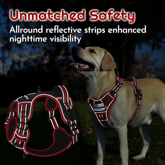 Eagloo Dog Harness for Large Dogs, Easy Wearing with 3 Buckles, Adjustable No Pull Pet Harness with 2 Rings for Walking, No Chock Reflective Soft Padded Vest with Control Handle, Black & Red, L