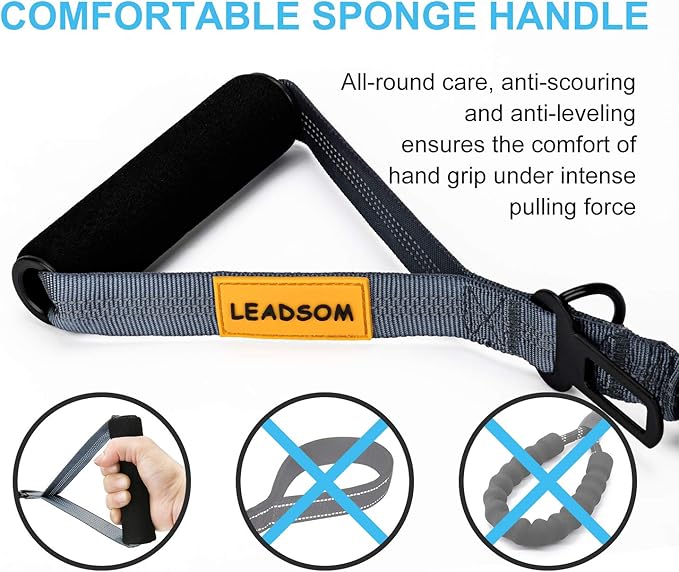 6FT Highly Reflective Heavy Duty Elastic Bungee Medium and Large Dog Leash Shock Absorbing with Comfortable Padded Handle and Traffic Handle Suitable for Training Grey