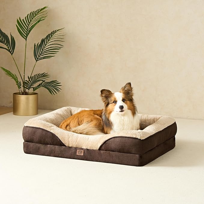 EHEYCIGA Memory Foam Dog Bed for Large Sized, Orthopedic Dog Sofa with Sides and Waterproof Liner, Washable Bolster Pet Bed Couch with Removable Cover, 36x27x7 Inch, Brown