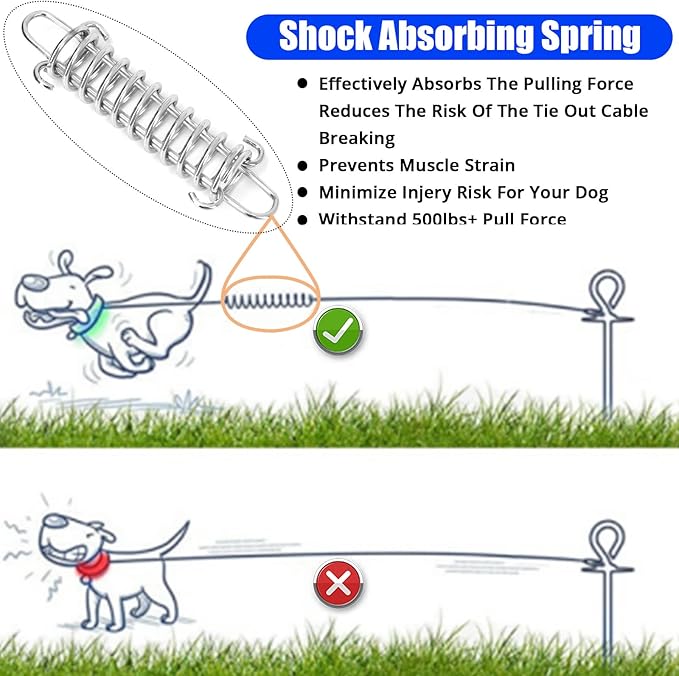 Jenico Dog Tie Out Cable, 10/15/20/30/40/50/70/100/150FT Runner Cable with Swivel Hook and Shock Spring, Yard and Camping Dog Leash Run Tether, Up to 500 LBS