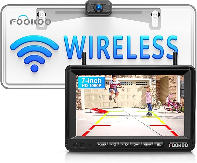 Fookoo HD 1080P 7-inch Wireless Backup Camera, 7" Split Screen Monitor + Rear View Licence Plate Camera, DIY Guide Lines Wide Angle IP69 Waterproof Easy to Install for Car Pickup Van SUV - DW7CT