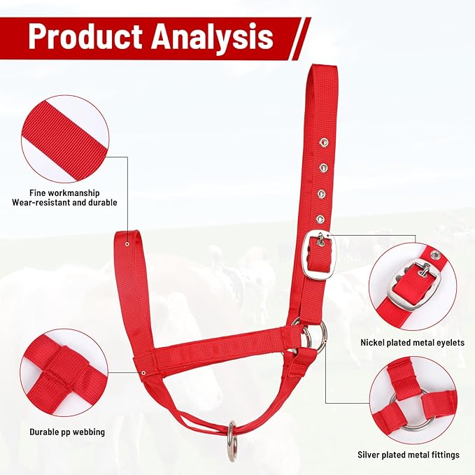XUANNIAO Easily Adjustable Figure 8 Cow Halter, Double-Ply Premium Livestock Cattle Halters, Colorful Cow Utility Calf Halter with Leading Rope for Miniature Horse Donkey Goat Foal (Medium, Red)