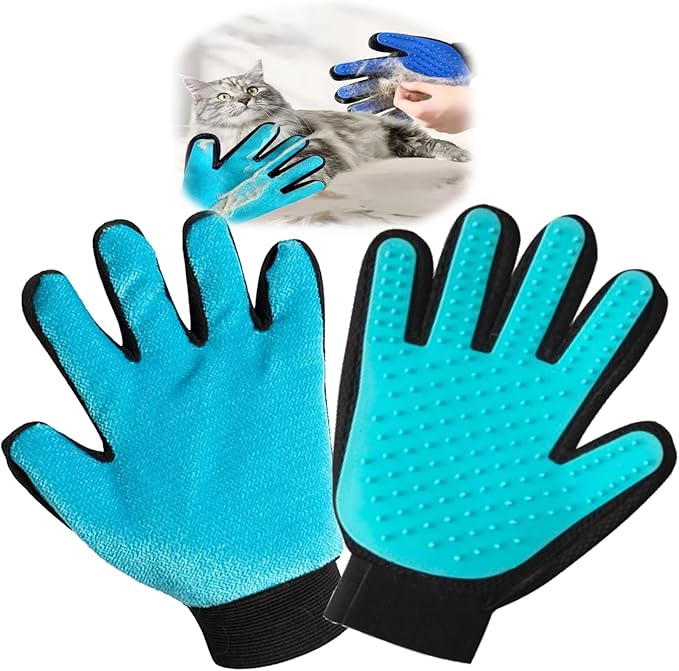 2 in 1 Cat Grooming Glove, Double-Sided Use Pet Hair Remover Glove, 1 Side is Gentle Grooming for Dogs, Cats, the Other is Effective Hair Remover for Furniture, Clothing (Light Blue, Right-Hand)