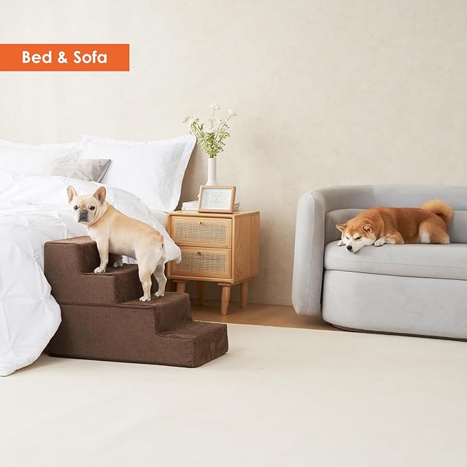 EHEYCIGA Dog Stairs for Bed 20" H, 4-Step Extra Wide Dog Steps for High Bed, Pet Steps for Small Dogs and Cats, Non-Slip Balanced Pet Ramp Indoor, Brown