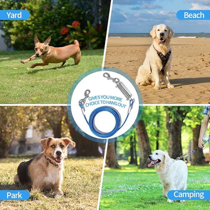 Tie Out Cable for Dog,60FT Dog Leads with Swivel Hook and Shock Spring,Heavy Duty Tie Out Cable for Large Dogs Up to 125lbs,Durable Dogs Runner Tether Line for Outdoor,Yard