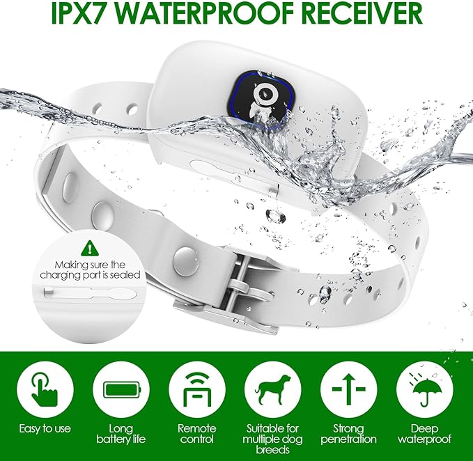 2 in 1 Wireless Dog Fence & Remote Training Collar, Pet Containment System with Adjustable Radius Range 16ft to 393ft, Waterproof & Rechargeable Training Collar Receivers for All Dogs (White)