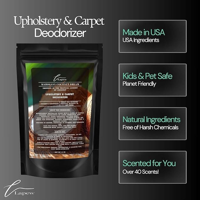 Mahogany Coconut Dream Carpet Freshener Powder: Powerful Odor Eliminator for Home, Upholstery Deodorizer, Carpet Deodorizer, Pet Urine, Cat Litter Box - Mahogany Coconut Dream Fragrance.
