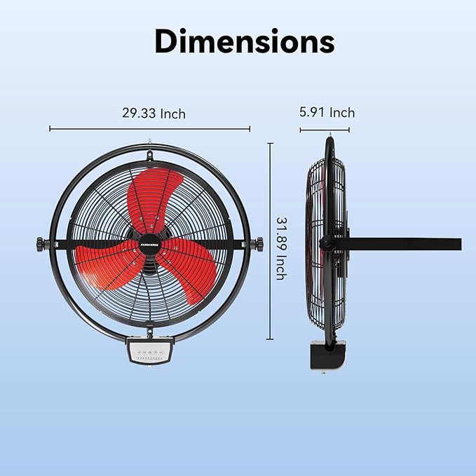 20 Inch Wall Metal Fan Pro Series Remote Control, High Velocity Wall Mount Fans for Commercial, Residential, Warehouse, Covered Patio, Shop, Garage, Barn 3 Speed 5200 CFM UL Safety Listed