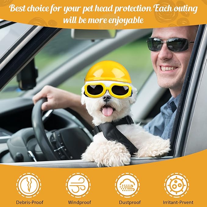 Frienda Dog Helmet and Goggles, UV Protection Doggy Sunglasses and 4 Inch Padded Puppy Motorcycle Helmet Adorable Dog Goggles with Adjustable Belt for Small Dogs Puppy Riding(Yellow,S)