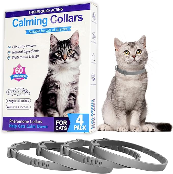 4 Pack Calming Collar for Cats - 60 Days Anxiety and Stress Relief, Relaxing Cat Collar, Adjustable Pheromones Collar for Cats，Natural Soothing for Continuous Calming