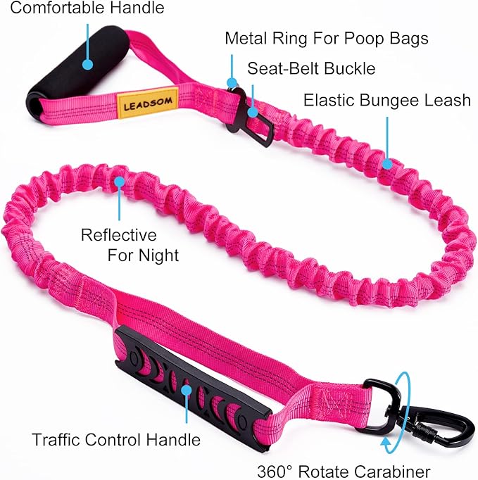 6FT Highly Reflective Heavy Duty Elastic Bungee Medium and Large Dog Leash Shock Absorbing with Comfortable Padded Handle and Traffic Handle Suitable for Training Hot Pink