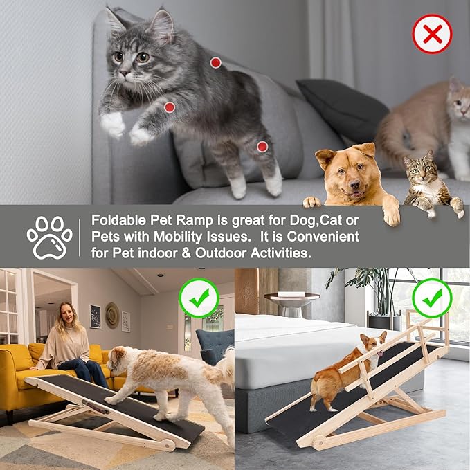 ABORON Antislip Wooden Dog Ramp for High Bed Couch Car, 5-Level Adjustable Folding Pet Ramp for Small & Large Old Dogs & Cats, 17.7" Extra Wide 51" Long, Rubber Mat, Supports up to 200 lbs