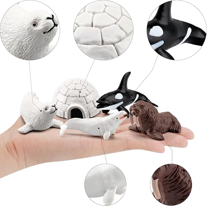 18pcs Arctic Animal Figures, Realistic Arctic Animals Toy Figurines Set with Arctic Fox Wolf Polar Bear Reindeer Figures for Kids, Miniature Toys Cake Topper Birthday Gift