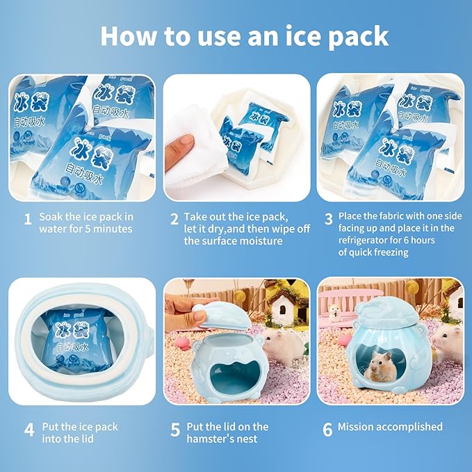 3-in-1 Bear Shaped Ceramic Hamster House - Cool House for Syrian Dwarf Hamsters, Mice, Gerbils， Small Pets, Top for Hamster Food, Removable Lid for Ice Packs, Cute Cool Hideout for Summer（Blue）