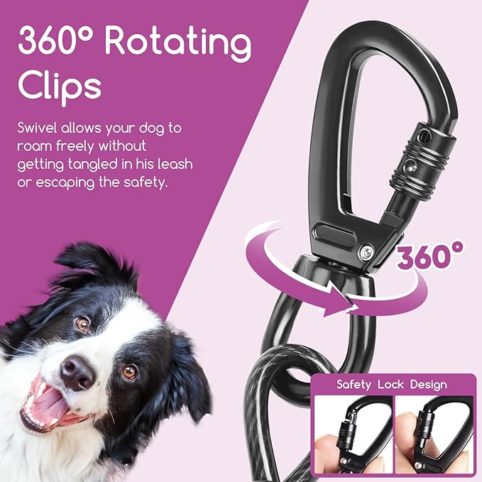 Heavy Duty Dog Tie Out Cable 30ft with Stake - 360° No Tangle Swivel, Spiral Anchor for Dogs up to 210 lbs, Yard Camping Use