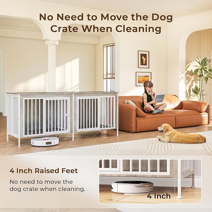 63 Inch Dog Cage Furniture for 2 Large/Medium Dogs with Removable Divider, Extra Large Double Doors Dog Kennel, XXL Thick Wooden Dog cage Furniture, Durable and Sturdy, Beige
