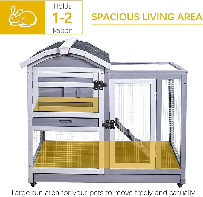 GEGURI Rabbit Hutch Indoor Rabbit Cage Outdoor, Wooden Bunny Cages for Guinea Pig with Wheels, Removable Tray, Ramp