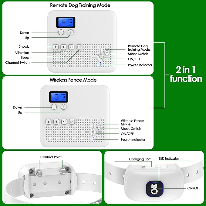 2 in 1 Wireless Dog Fence & Remote Training Collar, Pet Containment System with Adjustable Radius Range 16ft to 393ft, Waterproof & Rechargeable Training Collar Receivers for All Dogs (White)