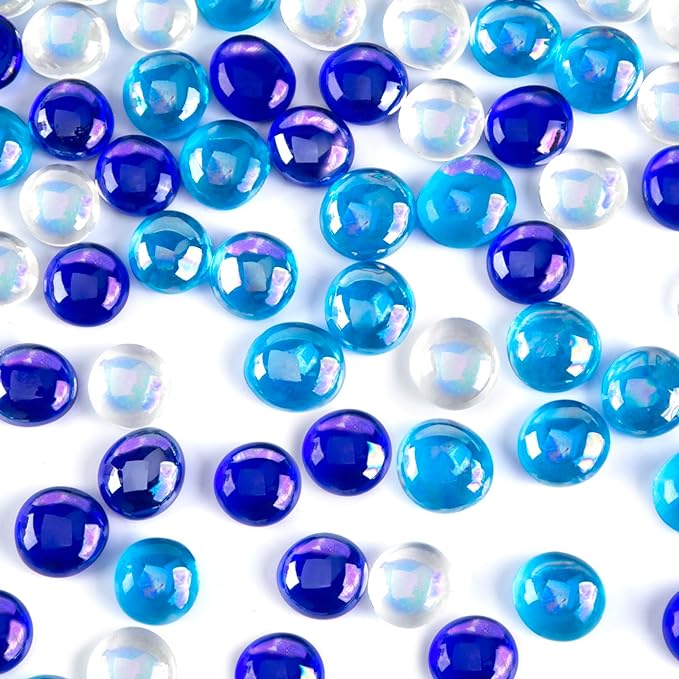 FUTUREPLUSX 1LB Iridescent Flat Glass Marbles, Blue Mixed Glass Beads Vase Fillers Decorative Gem Pebbles Sparkling Floral Fish Tank Rocks for Vases Table Scatter Aquarium Decor DIY Craft