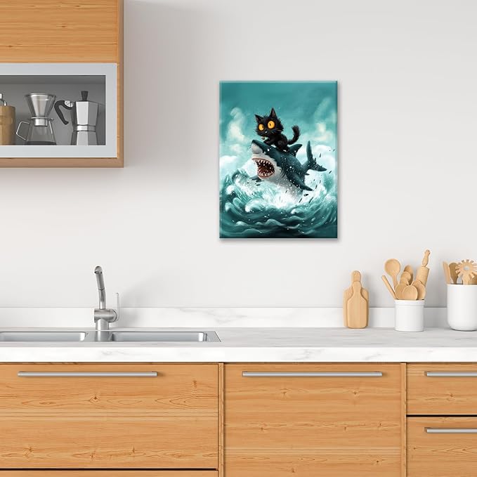 Funny Black Cat Bathroom Wall Art Cute Cat Riding Shark Canvas Wall Decor Animal Kitten Pictures Painting Print Artwork Framed Decorations Gifts for Cat Lover Kids Room Bedroom 24"x20"