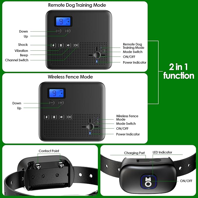 2 in 1 Wireless Dog Fence & Remote Training Collar, Pet Containment System with Adjustable Radius Range 16ft to 393ft, Waterproof & Rechargeable Training Collar Receivers for All Dogs (Black)
