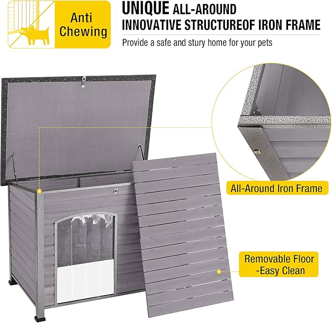 Aivituvin Large Dog House Outdoor Indoor Weatherproof Dog House for Small & Medium & Large Dogs with Unique All-Around Iron Frame＆Raised Feet（Grey）