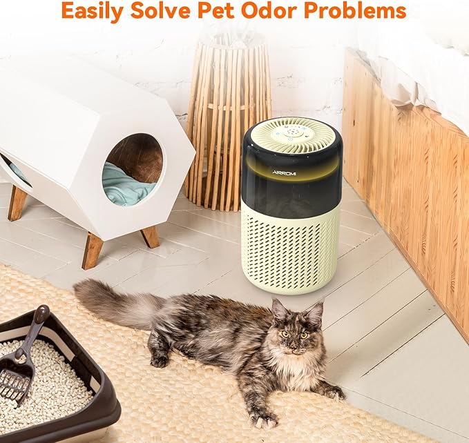 AIRROMI Air Purifier for Bedroom Home,HEPA Filter,Covers Upto 549 Ft²,Quiet 360°intake Air Cleaner with Fragrance ponge for Better Sleep,Night Light,Filters Smoke,Pet Dander,Allergies,Dust,A2005Yellow