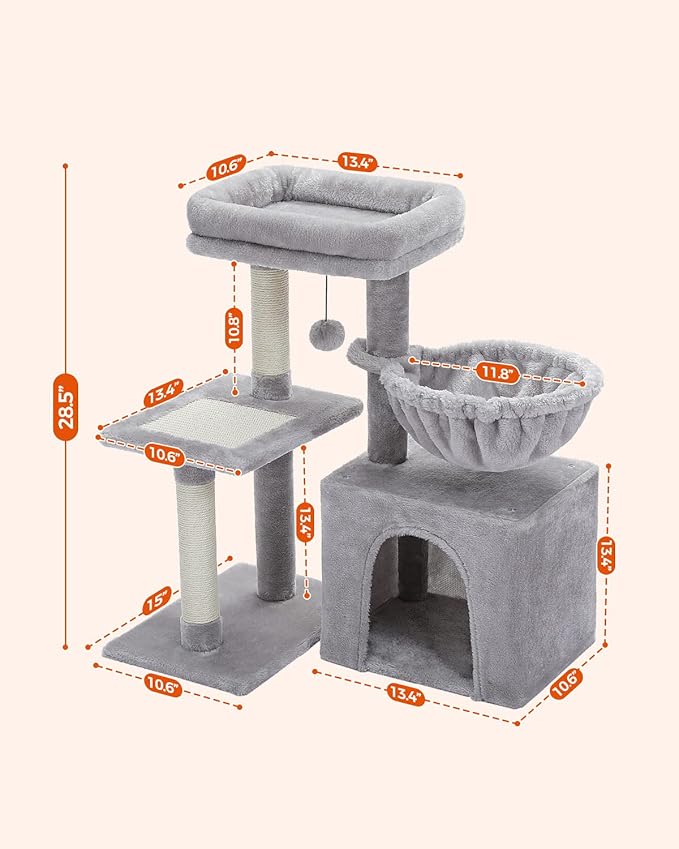 PEQULTI Small Cat Tree, [28.5''] Cat Tower for Indoor Cats, 2 Styles Activity Tree with Cat Scratching Posts, Big Hammock and Removable Top Perch Grey