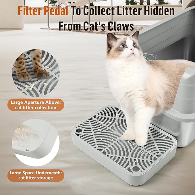 Litter Box Step, Cat Step/Ramp/Catcher with Filter Function, Easy to Clean, Filter Pedal Ideal for Kitten & Elderly Cats (Light Grey)