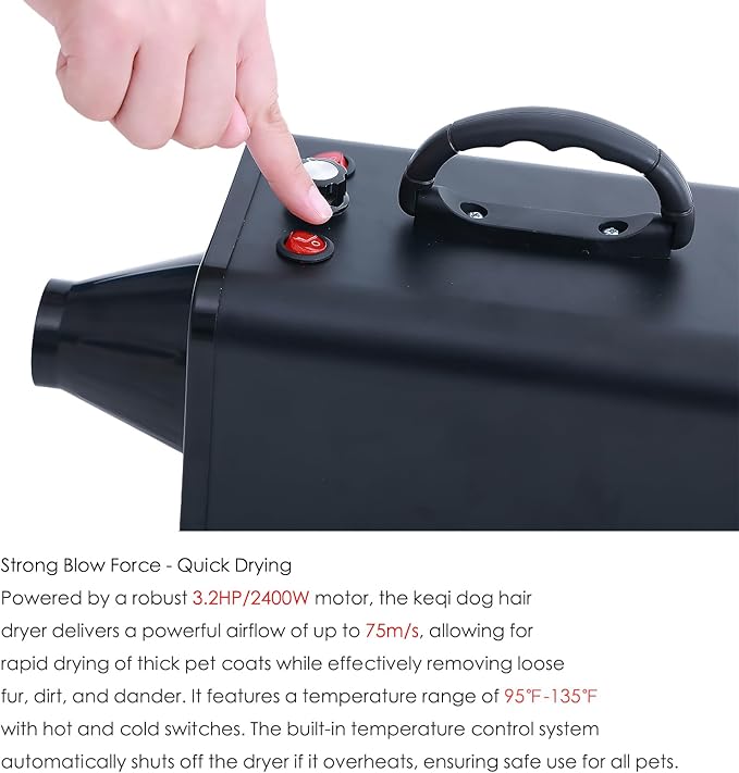 2400w 75m/s Dog Dryer for Pet Grooming, High Velocity Pet Hair Dryer with Heater, Adjustable Speed, 4 Nozzles and a Comb, Black