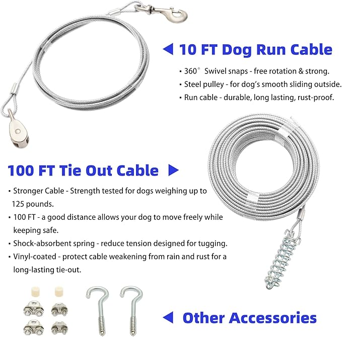 PUPTECK Outdoor Dog Run Cable for Small to Large Dogs up to 125lbs, Heavy Duty Tie Out Cable Trolley System with Runner Pulley Cable Zip Line for Yard, Camping, Long Lead Chain Leash