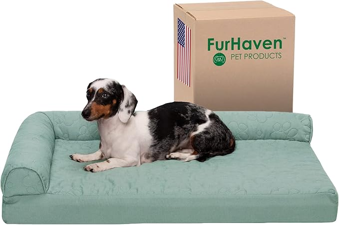 Furhaven Cooling Gel Dog Bed for Medium/Small Dogs w/ Removable Bolsters & Washable Cover, For Dogs Up to 35 lbs - Pinsonic Quilted Paw L Shaped Chaise - Iceberg Green, Medium