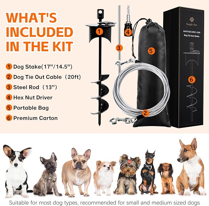 Snagle Paw Dog Tie Out Cable & Stake with Lock Cap - 20ft Heavy Duty Rust Proof Cable, 360° Swivel Dog Yard Leash & Stake Up to 220 lbs - Ground Anchor for Yard, Beach, Camping & Outdoor Use