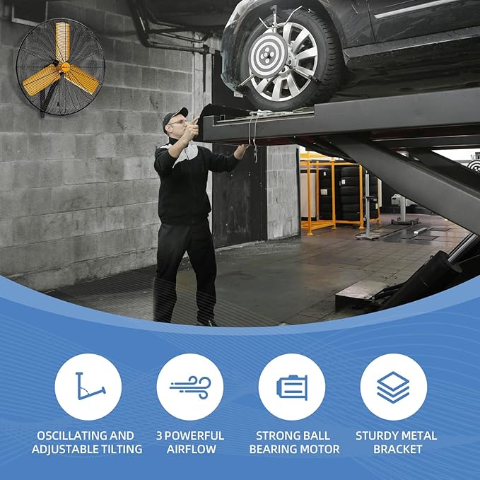 24 inch Oscillating High Velocity Wall Mount Fan, 7600 CFM Industrial Heavy Duty Metal Wall Fan, 3 Speeds, Adjustable Height and Tilt, Commercial Shop Fans for Garage, Workshop