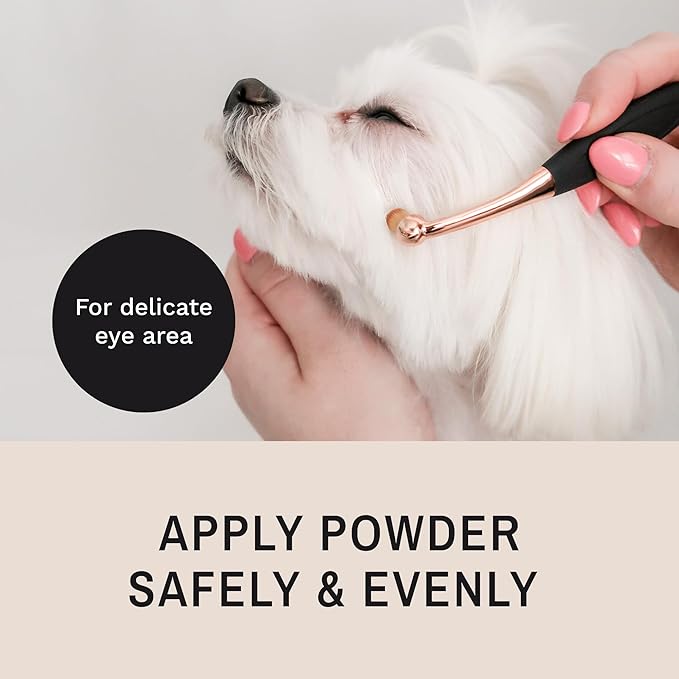 Eye Envy ProPowder Applicator Brush for Dogs and Cats. Use to safely and evenly apply Tear Stain Powder. Small. Washable superfine fiber hair. Long tapered bristles. Ergonomic handle