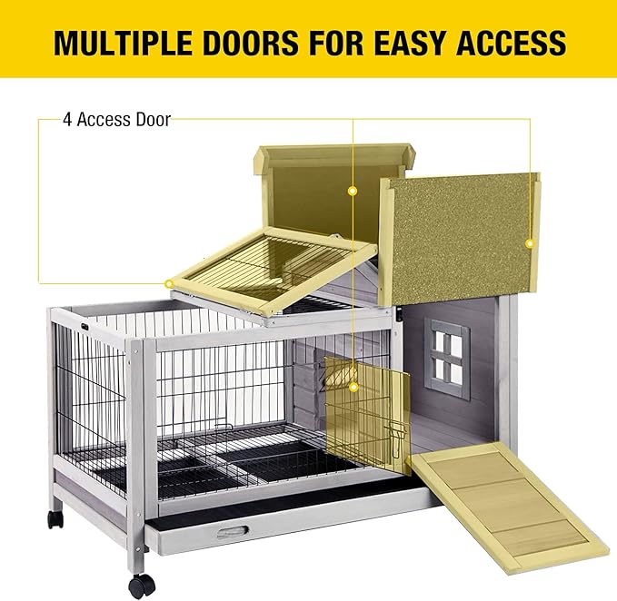 Aivituvin Rabbit Hutch Indoor Bunny Cage Outdoor Bunny House with Wire Floor Leakproof Plastic Tray