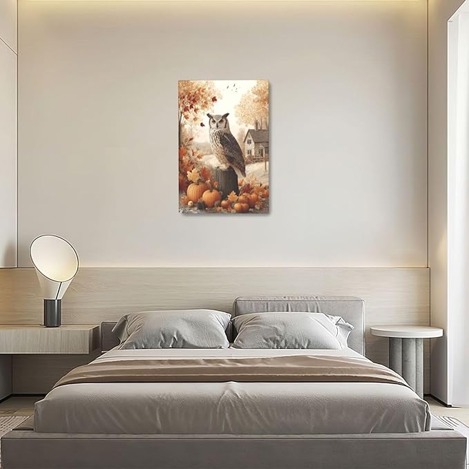 Fall Owl Wall Art Autumn Pumpkin Leaves Wall Decor Rustic Canvas Print Farmhouse Pictures Painting Print Framed Artwork Decorations Gifts for Living Room Bathroom Bedroom Office 16"x24"