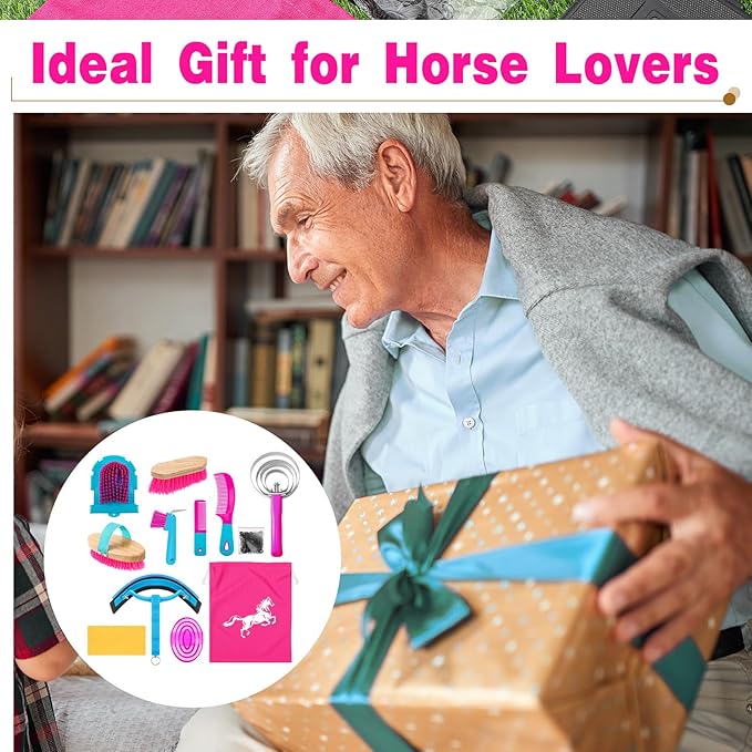 Abbylike 12 Pieces Horse Grooming Kit Racing Festival Tack Room Supplies Horse Brush Sets Equine Care Cleaning Kit Shedding Grooming Massaging Tools(Rose Red)