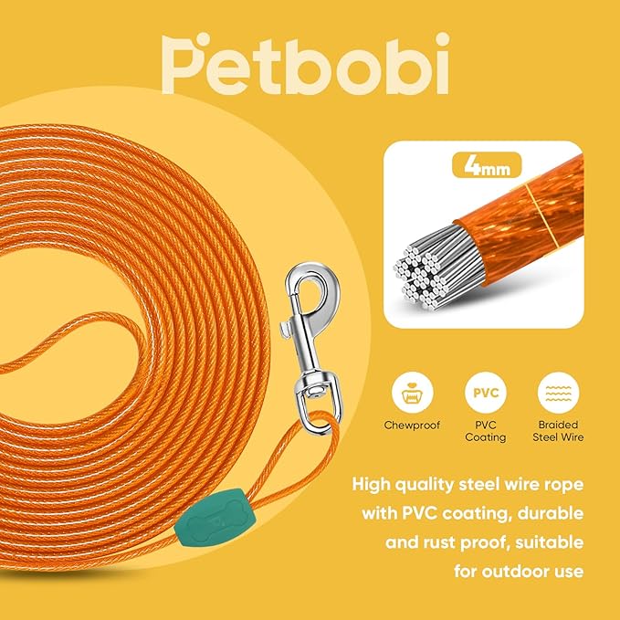 Petbobi Dog Tie-Out Cable 20ft - Outdoor Leash 4mm Metal Cable with Shock Absorbing Spring 360° Swivel Clips, Chain for Dogs Yard Camping, Fit Small Medium Large Pets Up to 60lbs, Orange
