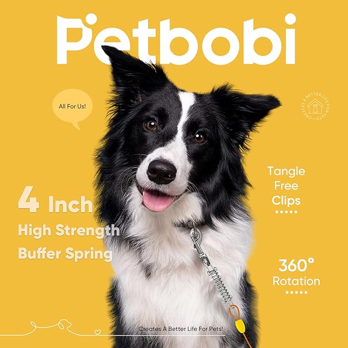 Petbobi Dog Tie-Out Cable 20ft - Heavy-Duty 4mm Metal Cable up to 120lbs, Shock Spring & 360° Swivel Clips, for Yard Camping, Small Medium Large Pets, Orange