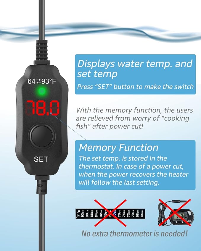 50W Adjustable Aquarium Heater Super Short Submersible Fish Tank Heater Fish Heater with LED Digital Display Thermostat, for Tanks 5-10 Gallons