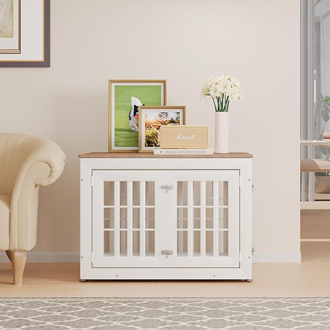 32" Heavy Duty Dog Crate Furniture for Small,Medium and Large Dogs,Rustic Wooden Dog Cage Kennel Indoor Furniture with Waterproof Top,Decorative Pet House Side End Table (White & Wood)