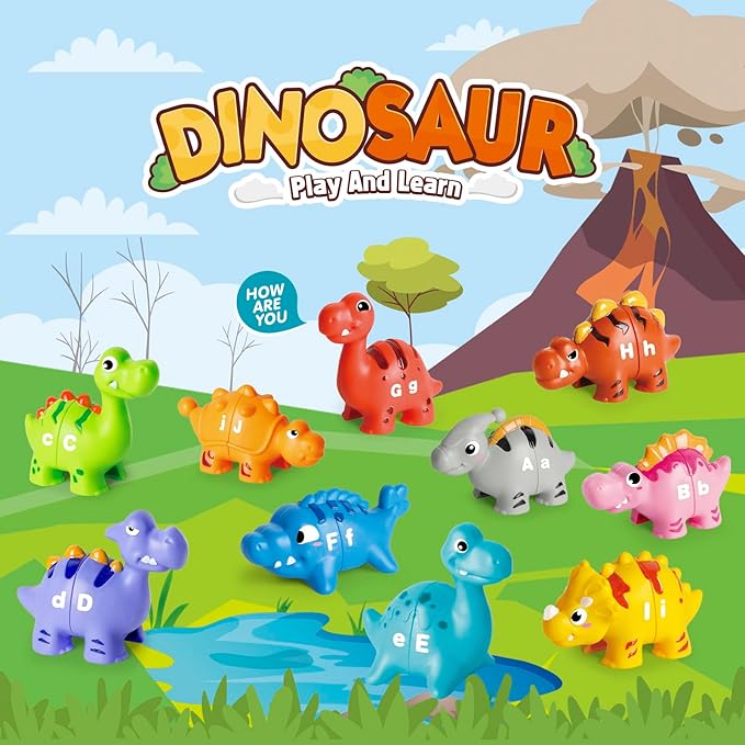 52 PCS Dinosaur Alphabet Learning Toys for Toddlers Kids 3-5, 10 Different Dinosaur Figures, Double Sided ABC Matching Game, Preschool Activities Montessori Fine Motor Toys for Toddlers Kids