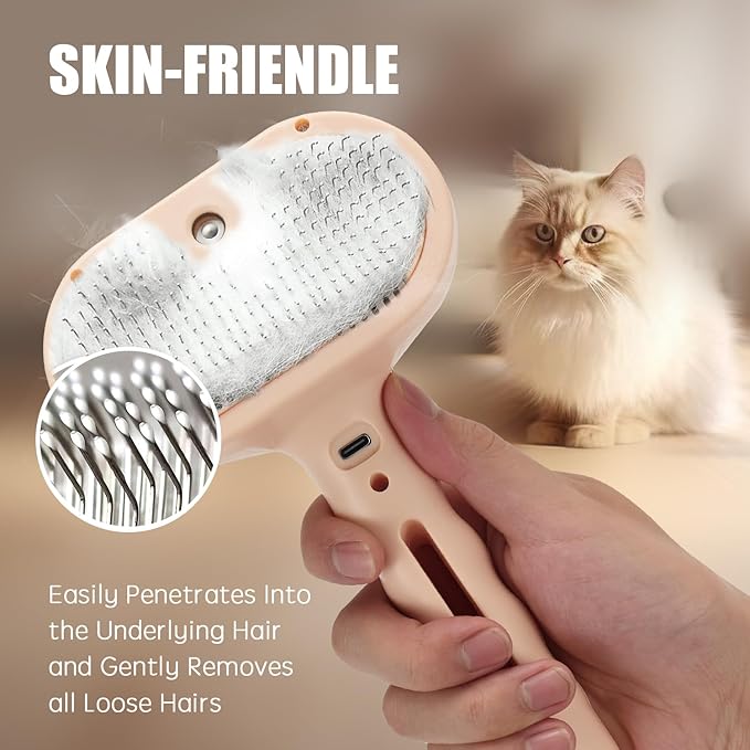 3-in-1 Pet Steam Brush, Grooming Comb with Water Tank for Cats and Dogs, Long and Short Hair (Pink)