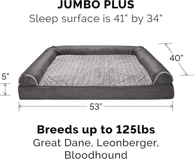 Furhaven Orthopedic Dog Bed for Large Dogs w/ Removable Bolsters & Washable Cover, For Dogs Up to 125 lbs - Luxe Faux Fur & Performance Linen Sofa - Charcoal, Jumbo Plus/XXL