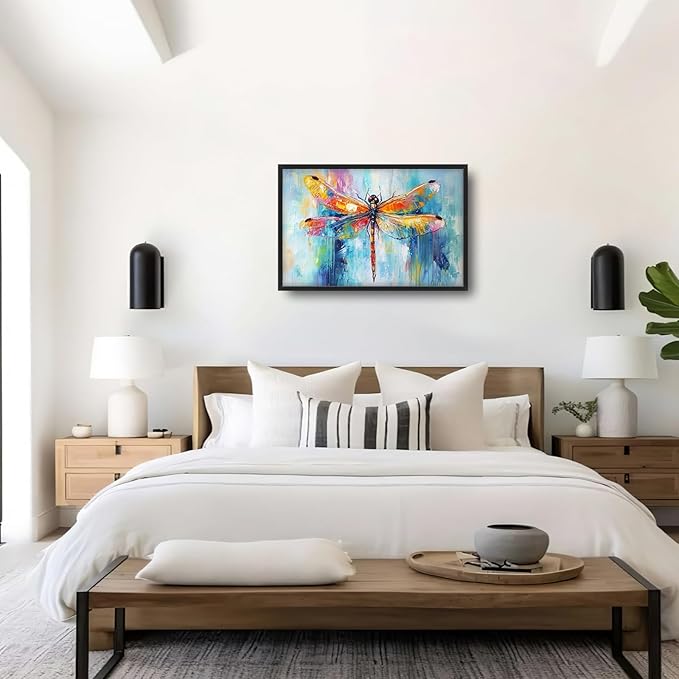 Extra Large Abstract Dragonfly Framed Wall Art for Living Room,Oversized Colorful Dragonfly Pictures Wall Decor,Teal Canvas Print Painting Modern Artwork Bedroom Office Bathroom 36L" x 24W"